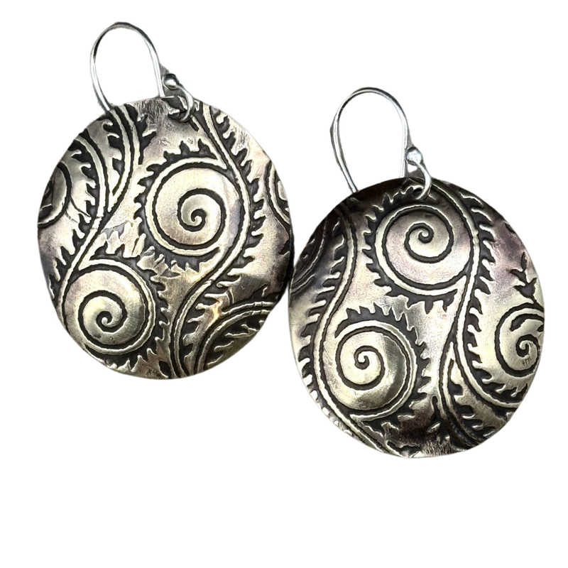 Handmade Oval NuGold Fiddlehead Patterned Earrings with Sterling Silver Ear Wires