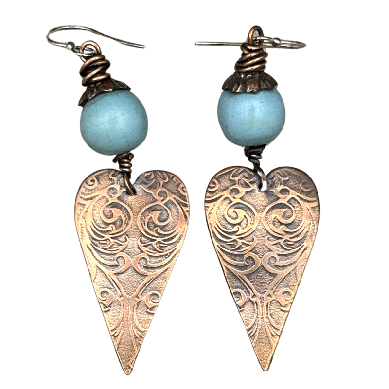 Handmade Copper Heart Earrings with Blue Wire-Wrapped Beads – Boho Dangle Jewelry​