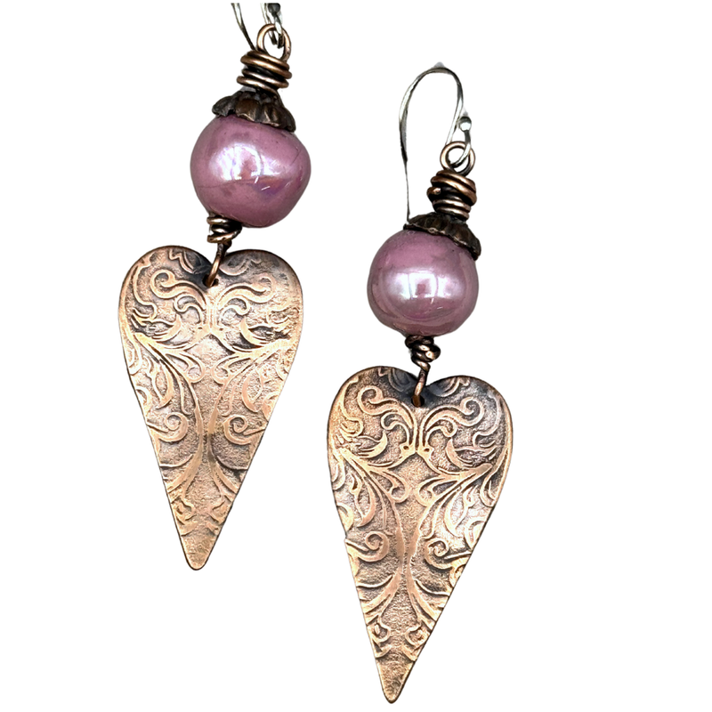 Handmade Copper Heart Earrings with Pink Wire-Wrapped Bead – Boho Dangle Jewelry​