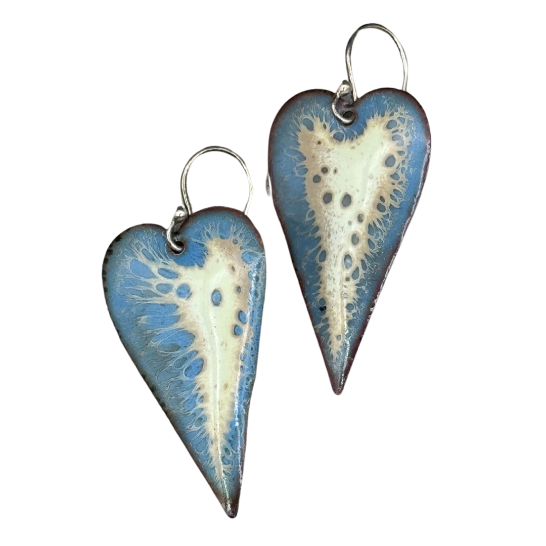 Heart Earrings Enameled Earrings Blue, Tan and Cream