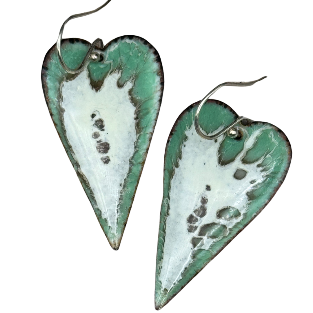 Heart Earrings Enameled Earrings Green, Brown and Cream