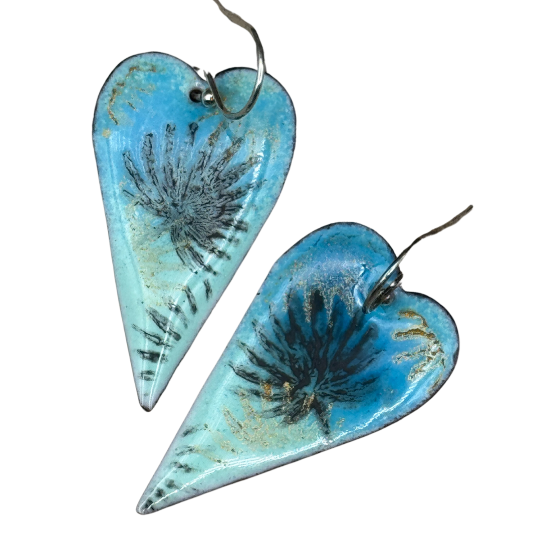 Enameled Heart Earrings Hand Painted Black Gold Fronds