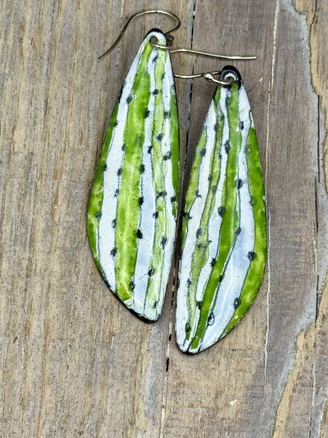 Enamel Teardrop Dangle Earrings Green White Earrings