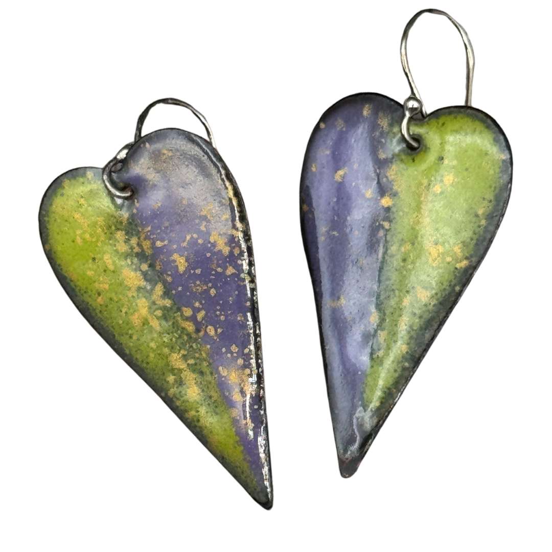 Heart Earrings Enameled Earrings Purple, Green with Gold Specks