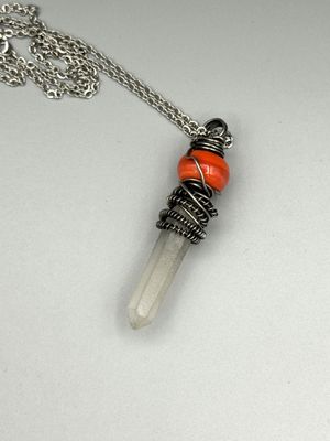 Crystal Healing, Crystal Quartz Points, Quartz Healing Stones, Reiki, Meditation, Orange Lampwork, Crystal Dagger Pendant, Steel Wire Wrapped, Steel Wire, Pendant, Necklace, Gifts for Her