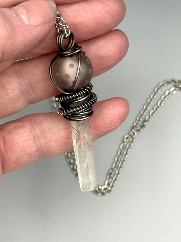 Crystal Healing, Crystal Quartz Points, Quartz Healing Stones, Reiki, Meditation, Pink Lampwork, Gray Polka dots, Crystal Pendant, Steel Wire Wrapped, Steel Wire, Pendant, Necklace, Gifts for Her