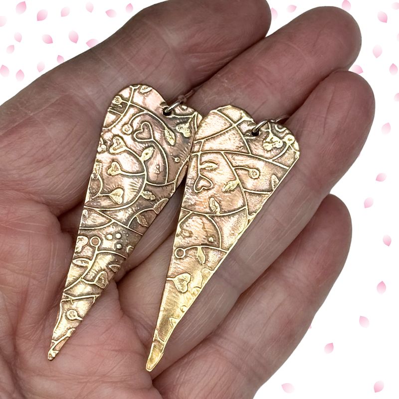 Long Heart Earrings with Heart Vine Texture – Boho Shabby Chic Dangles Bronze Jewelry Brass Earrings