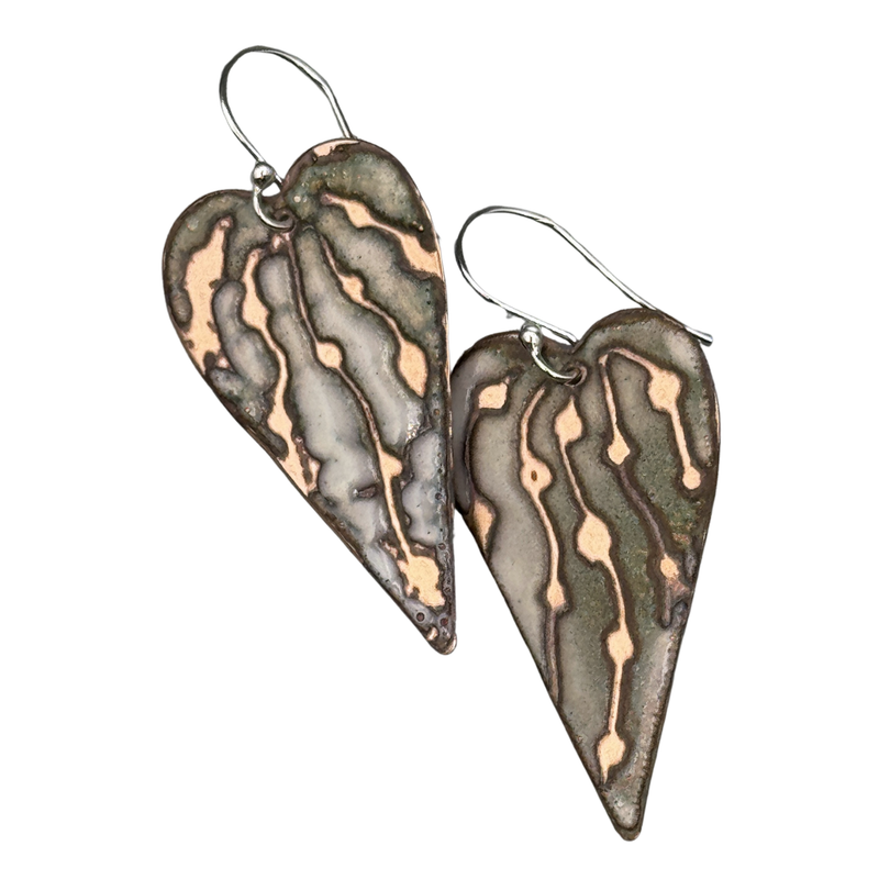 Boho Earthy Rustic Sgraffito Enameled Heart Earrings