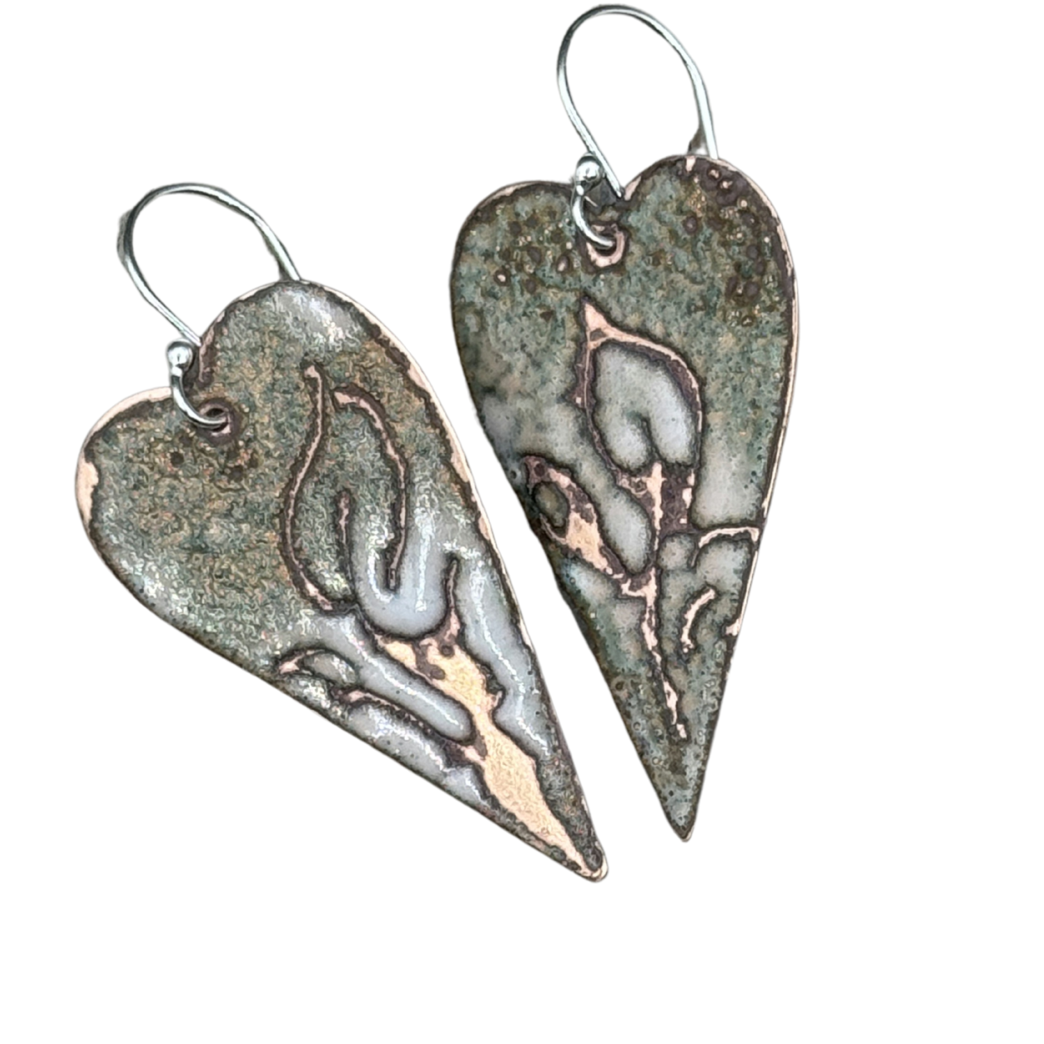 Earthy Rustic Sgraffito Enameled Heart Earrings