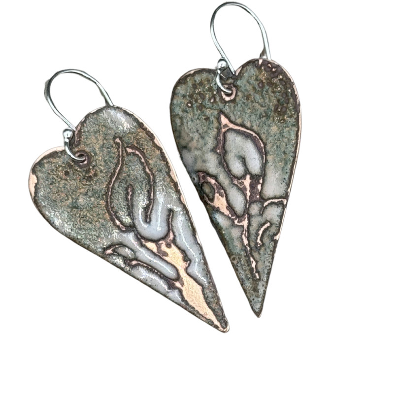 Earthy Rustic Sgraffito Enameled Heart Earrings