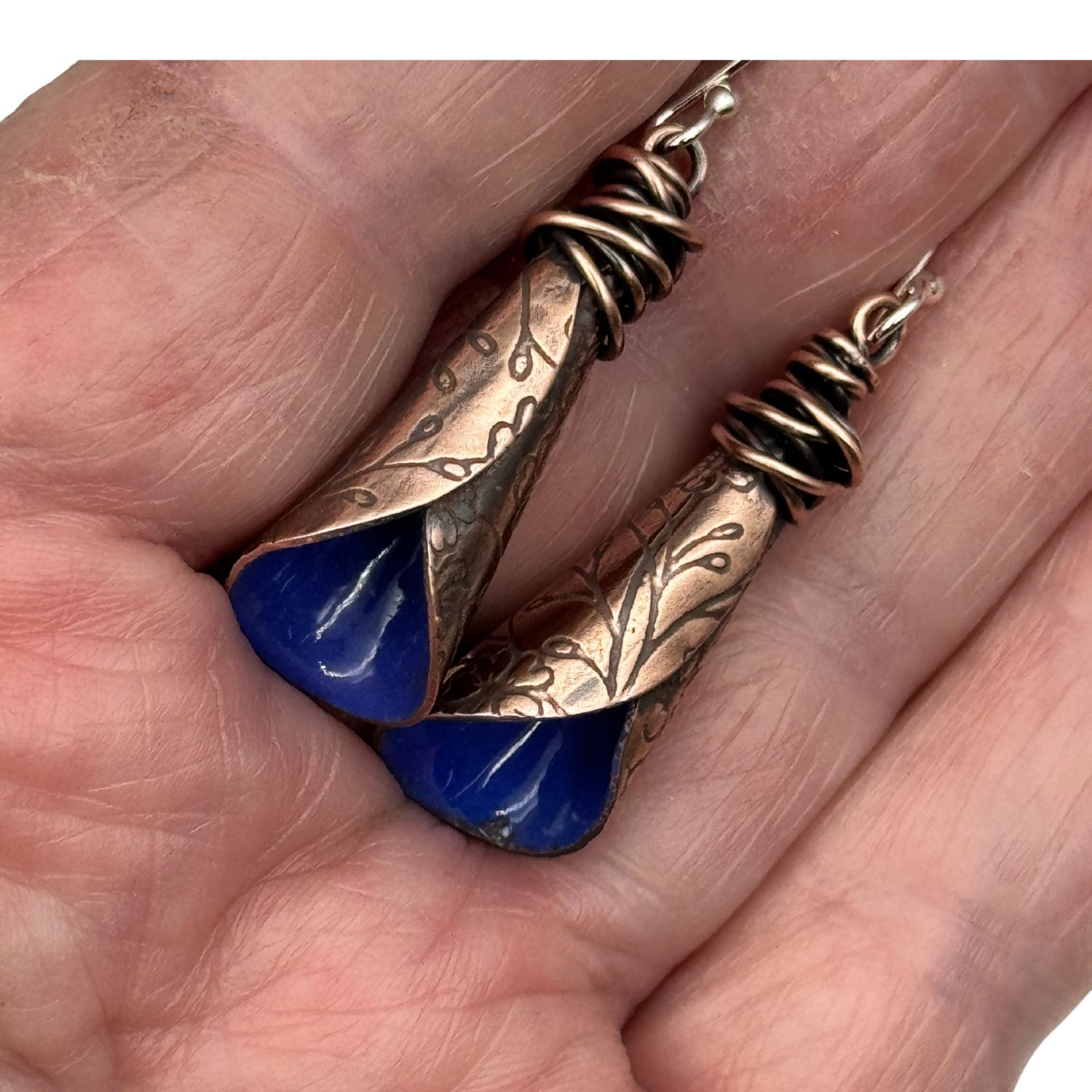Handmade Copper Calla Lily Earrings – Yatch Blue Enamel Floral Dangles