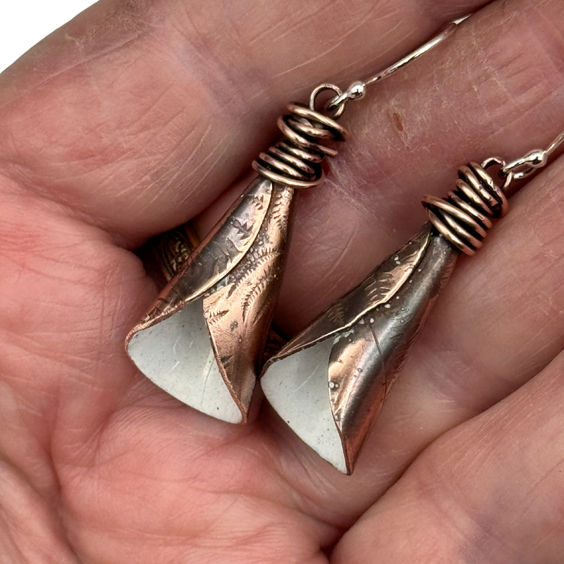 Handmade Copper Calla Lily Earrings – White Enamel Floral Dangles