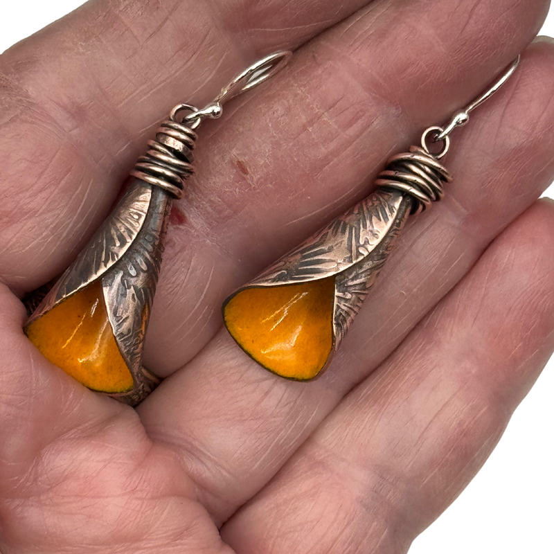 Handmade Copper Calla Lily Earrings – Marigold Enamel Floral Dangles