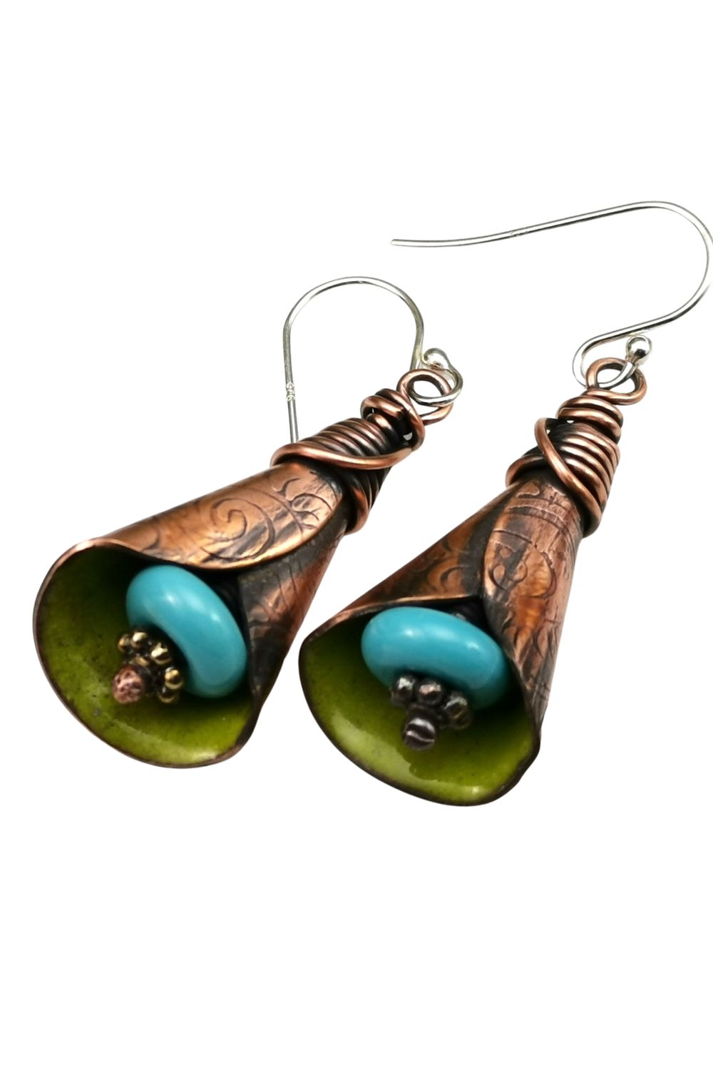 Rustic Enamel and Copper Lily Earrings Blue Lampwork Bead
