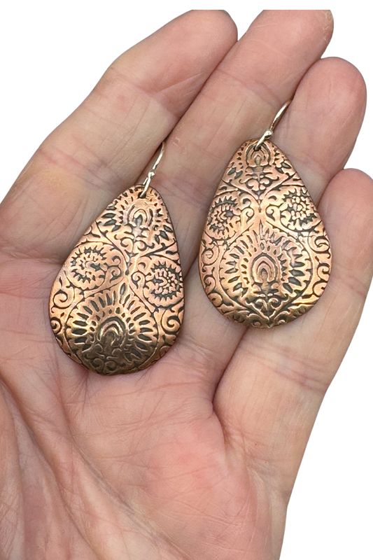 Henna-Inspired Boho Chic Copper Teardrop Earrings