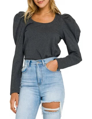 Pleated Charcoal Puff Long Sleeve Top