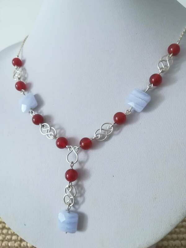 Collier calcedoine bleue et cornaline en argent