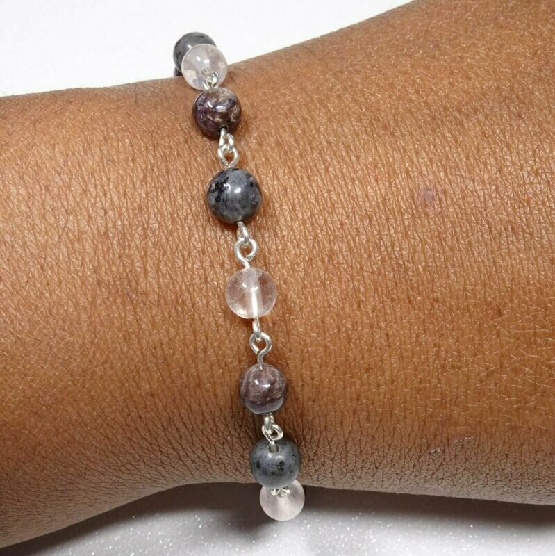 Bracelet charoite labrador et quartz rose en argent