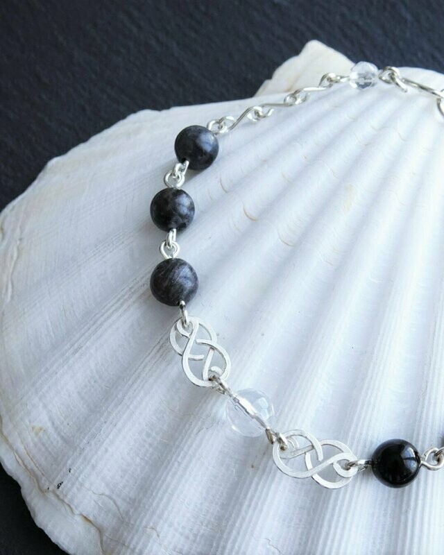 Bracelet cristal de roche labrador et tourmaline en argent