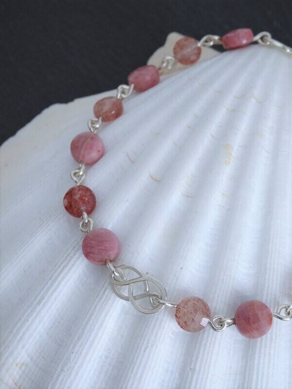 Bracelet quartz fraise et rhodonite en argent
