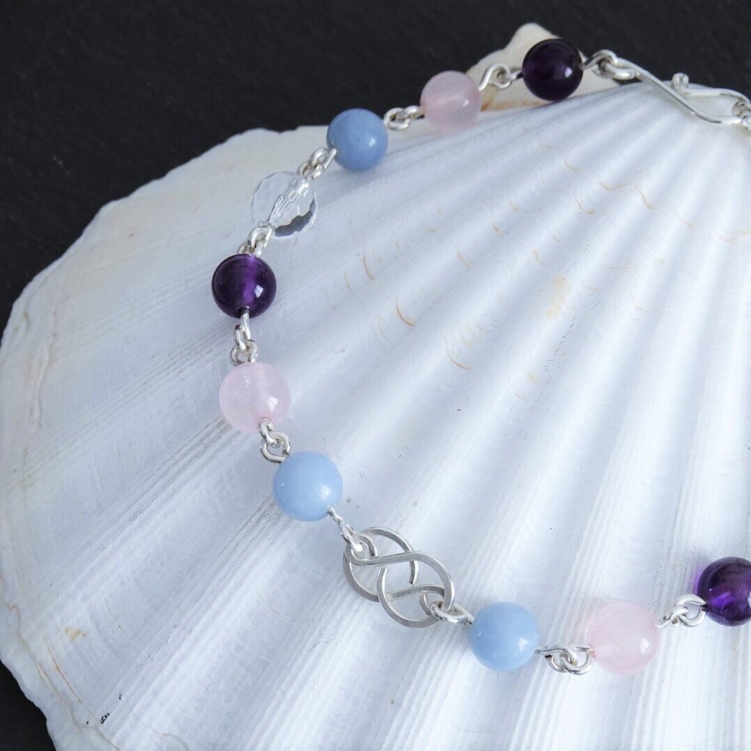 Bracelet amethyste angelite cristal de roche et quartz rose