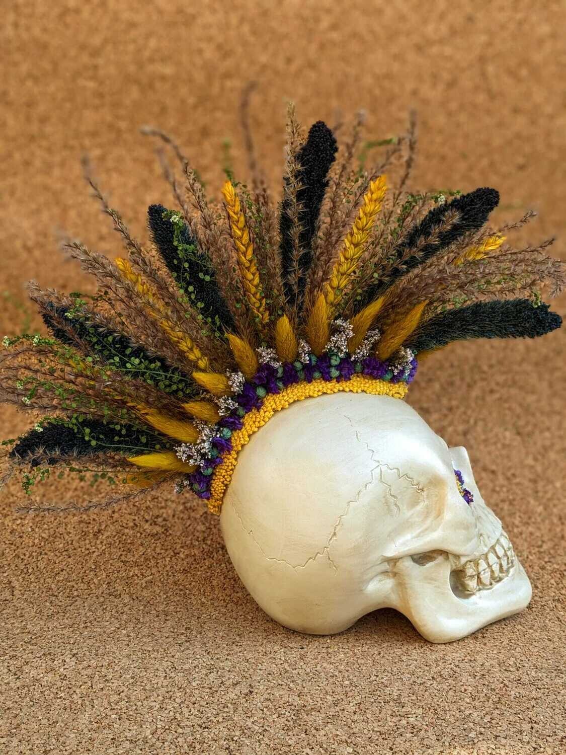 Crane Skull en fleurs séchées Bleu, Jaune, Violine