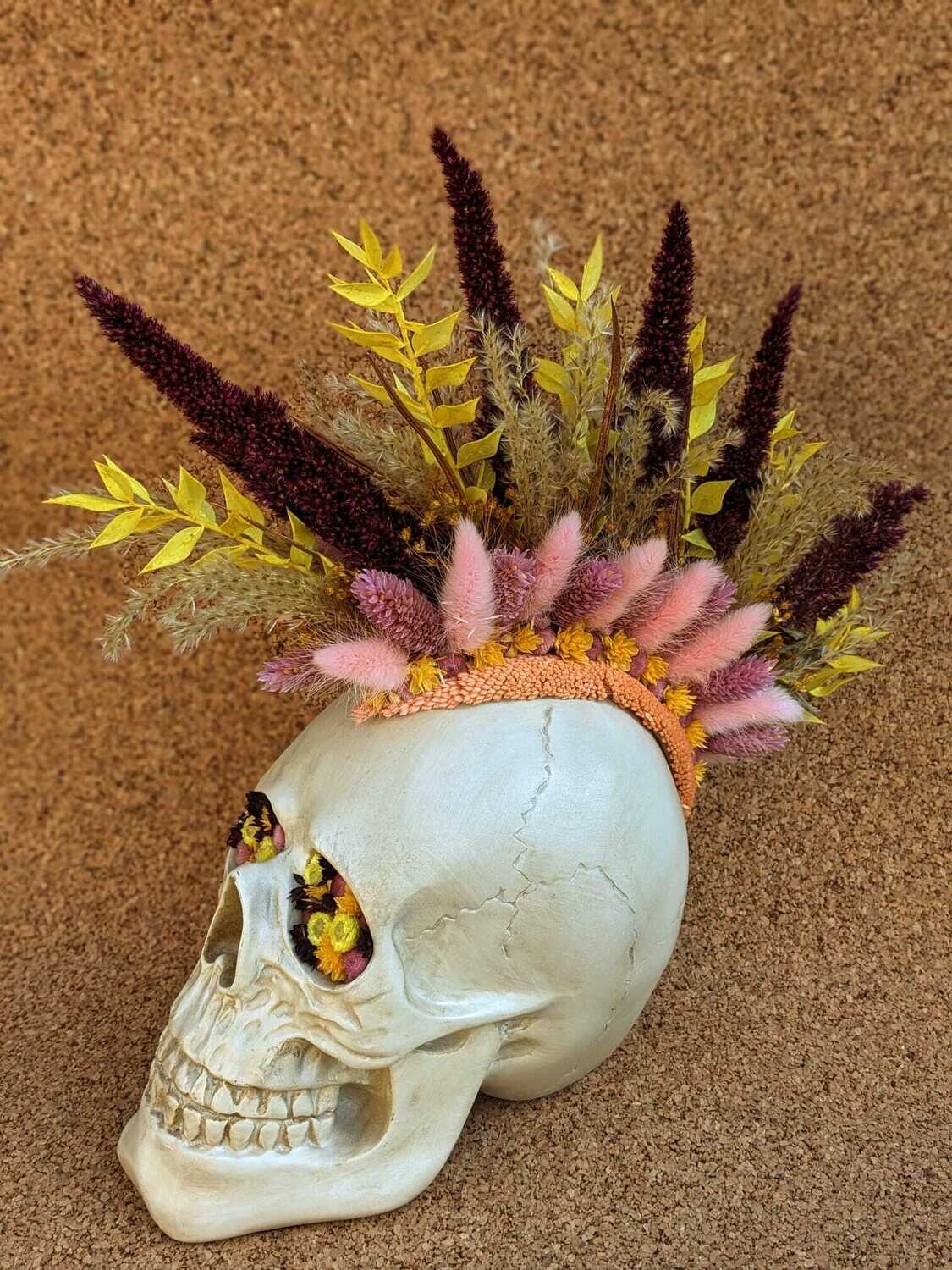 Crane Skull en fleurs séchées Rose et Jaune