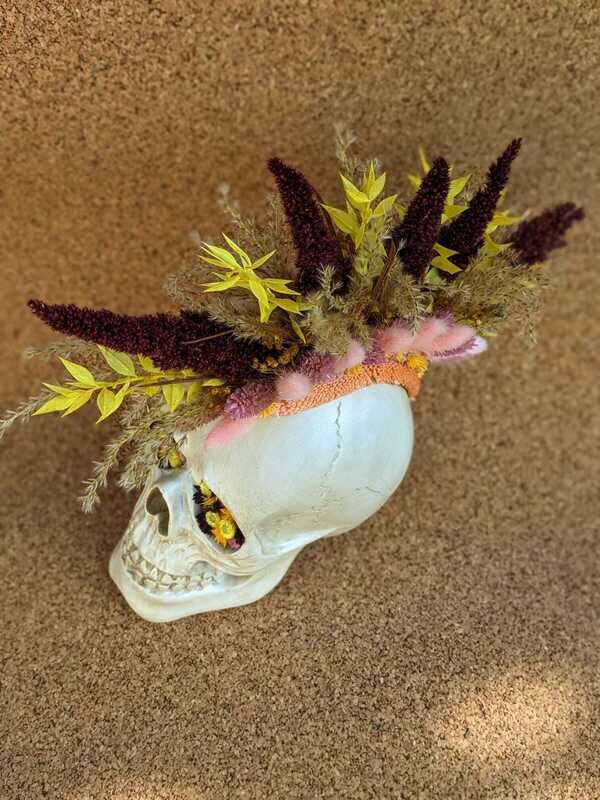 Crane Skull en fleurs séchées Rose et Jaune