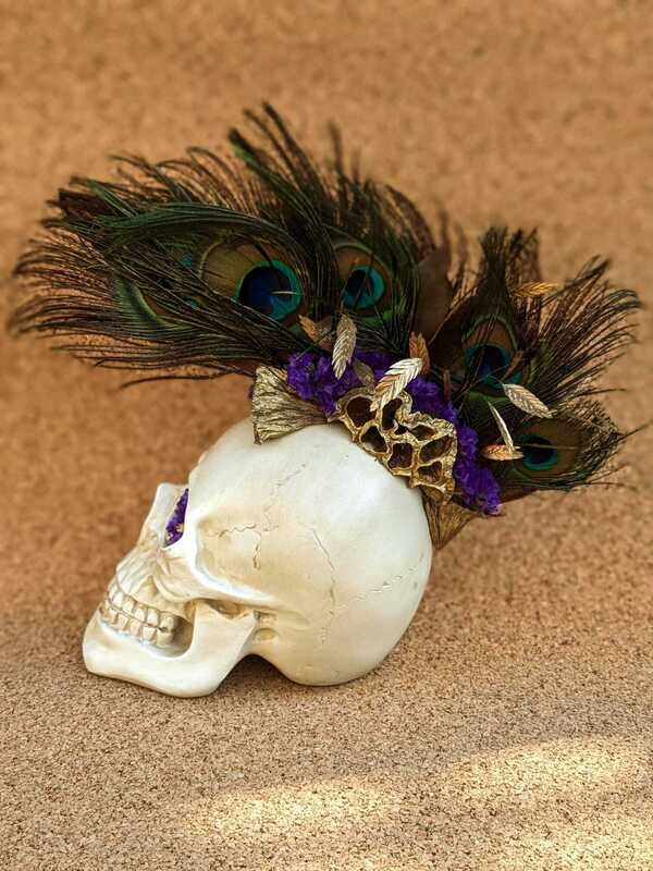 Crane Skull en fleurs séchées Plumes de Paon
