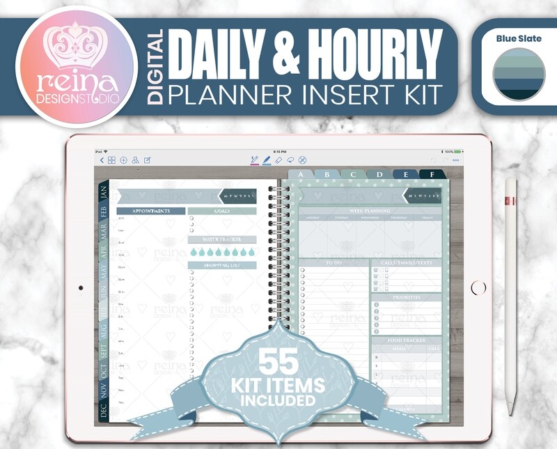 Daily & Hourly Digital Planner Insert Kit | Blue Slate