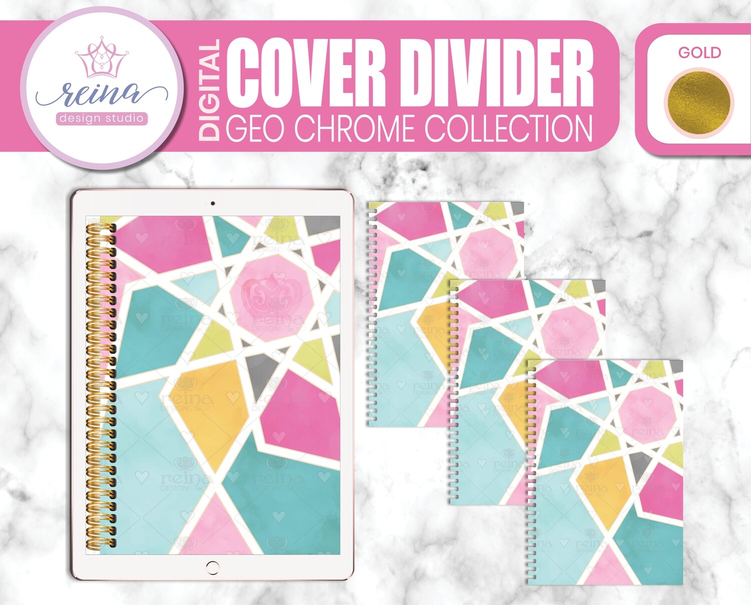 Interchangeable Digital Planner Cover and Dividers | Geo Chrome, Gold