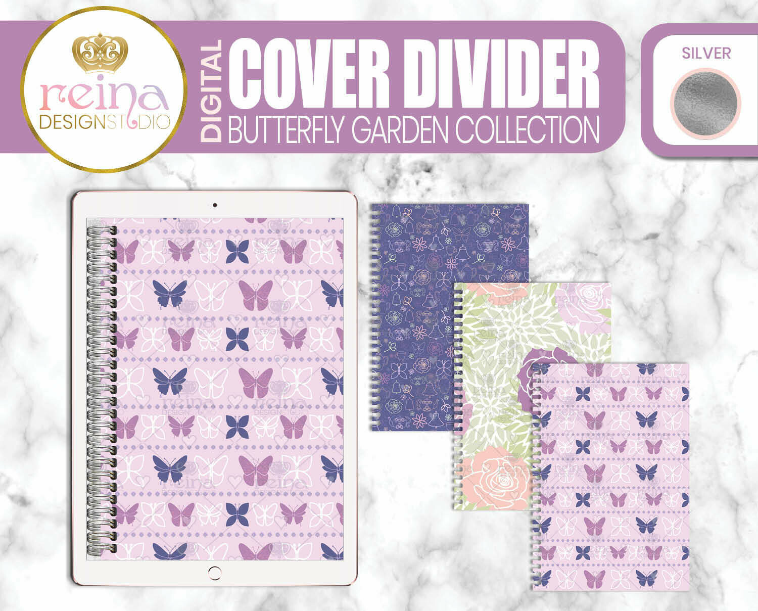 Interchangeable Digital Planner Cover and Dividers | Butterfly Garden, Silver
