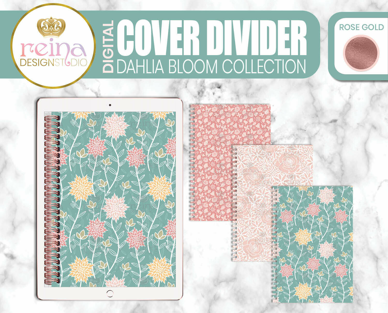 Interchangeable Digital Planner Cover and Dividers | Dahlia Bloom, Rose Gold