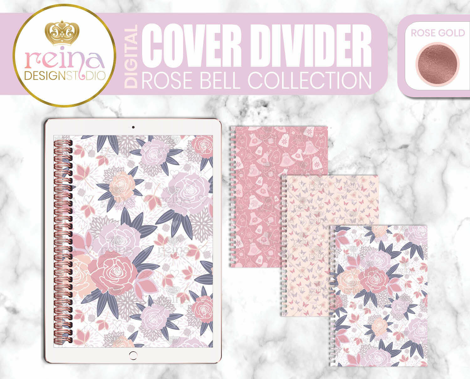 Interchangeable Digital Planner Cover and Dividers | Rose Bell, Rose Gold