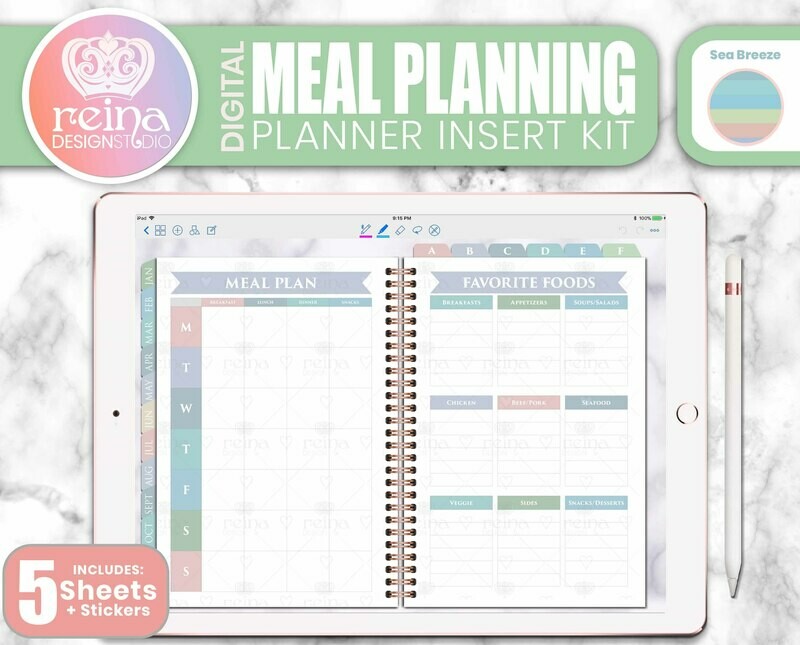 Meal Planning Digital Planner Insert Kit | Sea Breeze