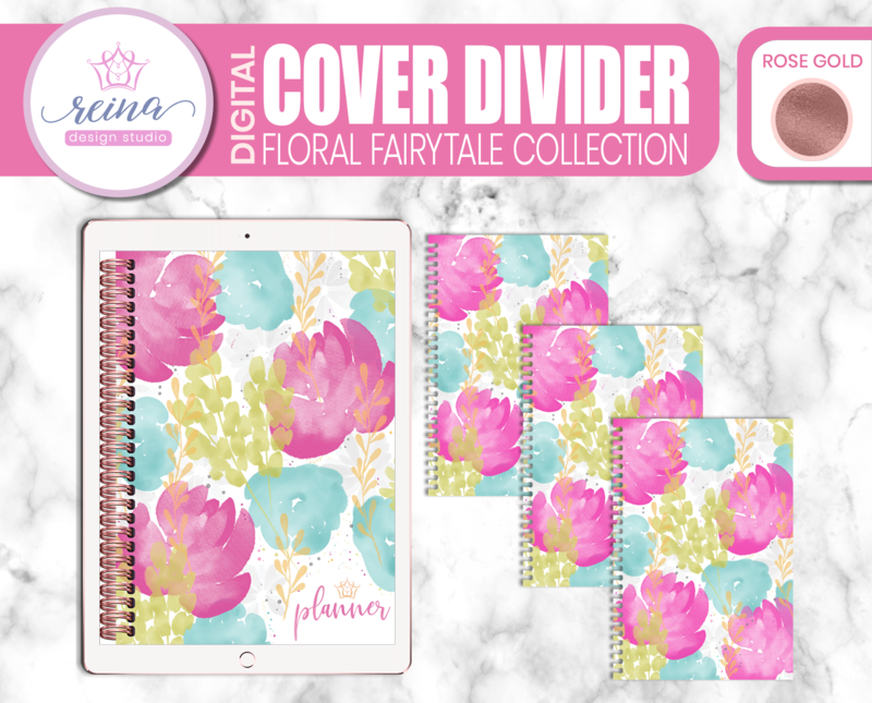 Interchangeable Digital Planner Cover and Dividers | Floral Fairytale, Rose Gold