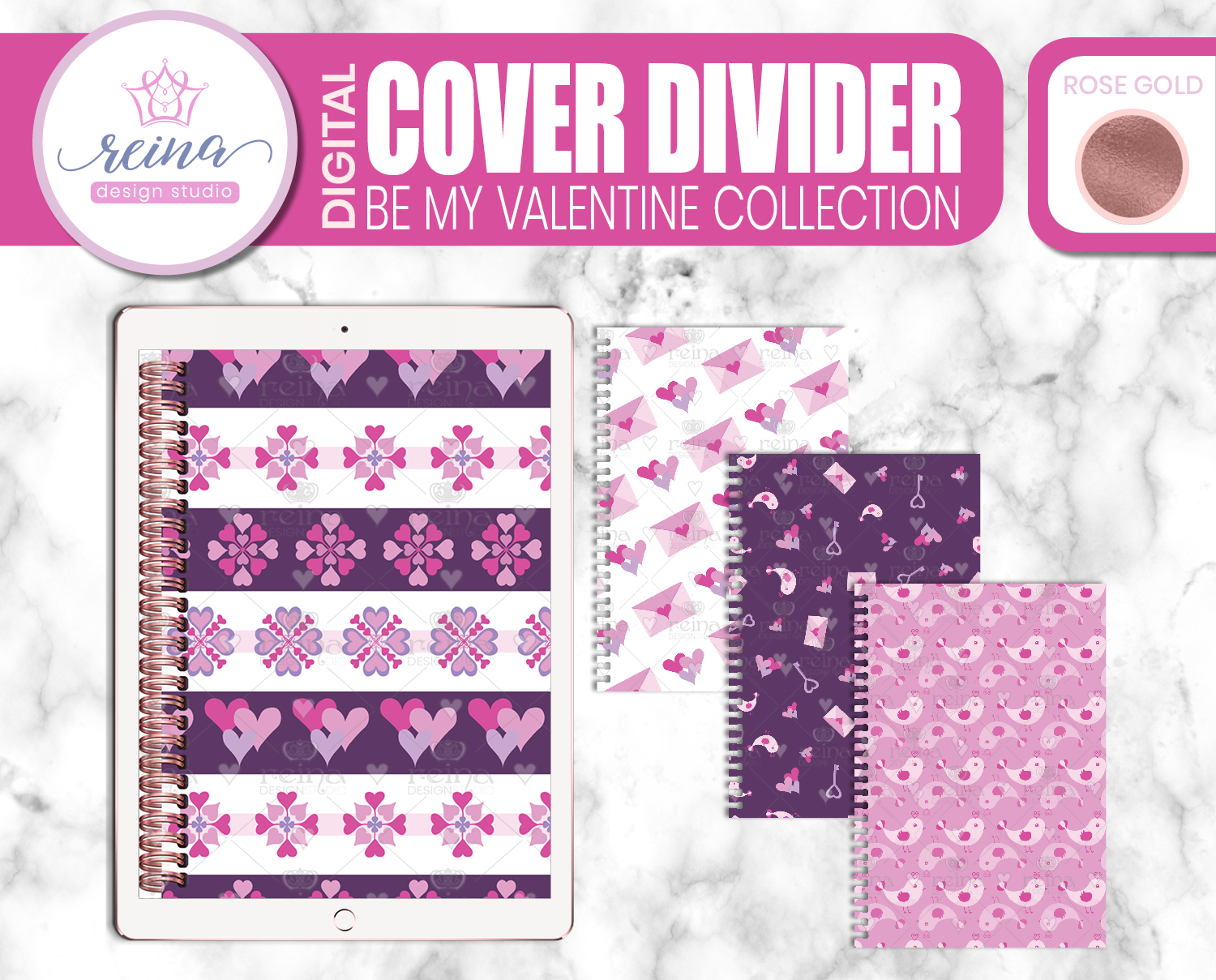 Interchangeable Digital Planner Cover and Dividers Deluxe | Be My Valentine Set B, Rose Gold