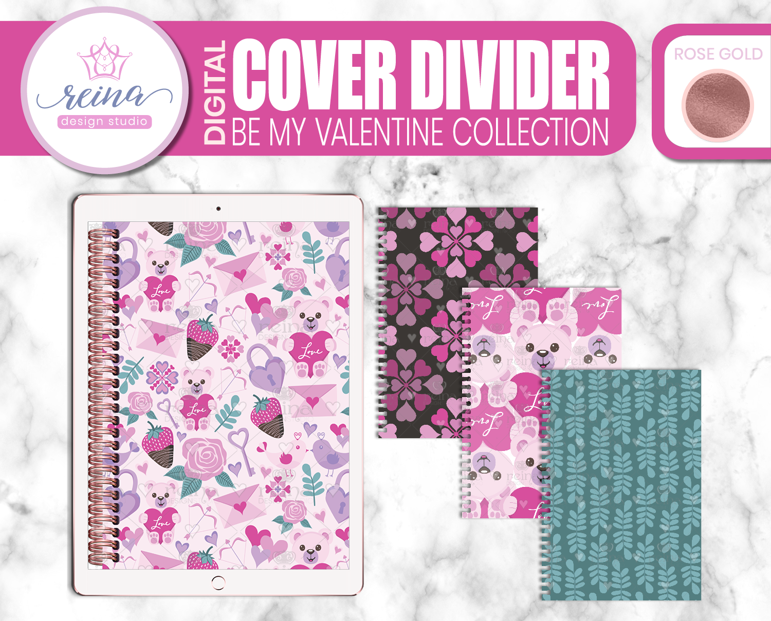Interchangeable Digital Planner Cover and Dividers Deluxe | Be My Valentine Set A, Rose Gold