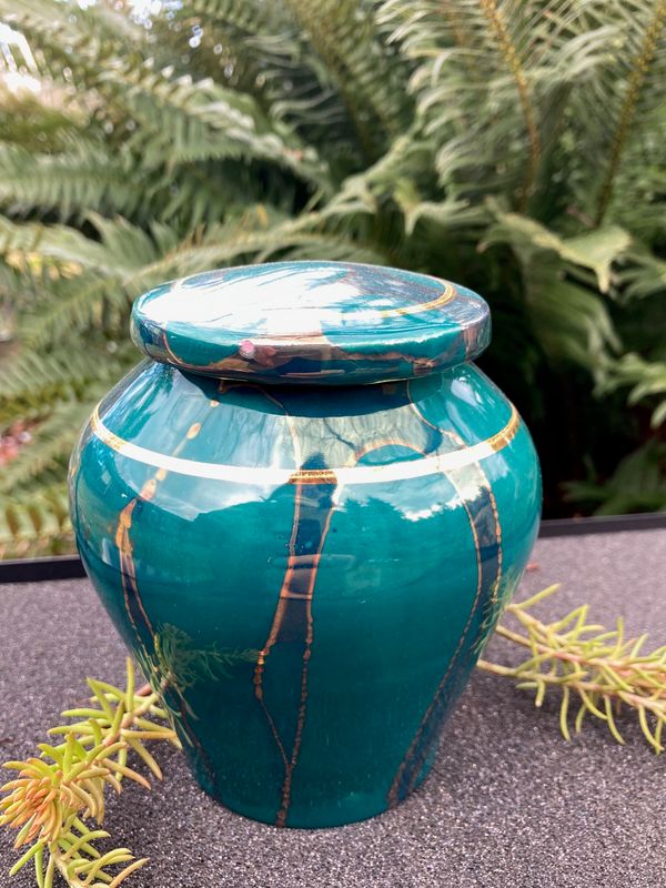 Ancient Creations Urn in Teal with Gold