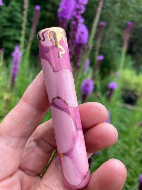 Ancient Creations Ceramic One Hitter Bat in Rose Pink  with gold sunshine design around the bowl.