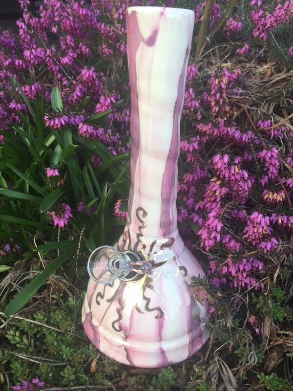 Ancient Creations Large Ceramic Bong in Rose Gold with gold sunshine design around the glass bowl.