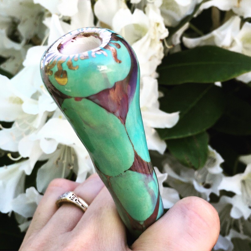 Ancient Creations Ceramics chillum in light teal with gold luster design, and real 22 karat gold.
