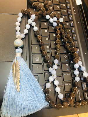 Mala Necklace Combination Of Black Rudraksa And Agate Stone Plus Metal Feather