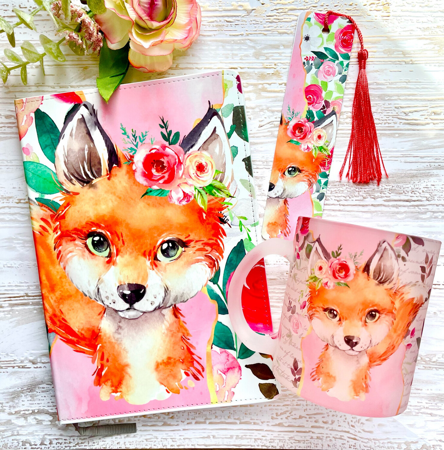 Gift set: Leather Notebook, Drinkware, Bookmark