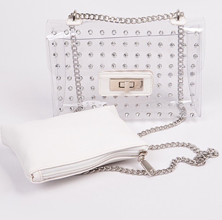 Spiked transparent/white clutch set