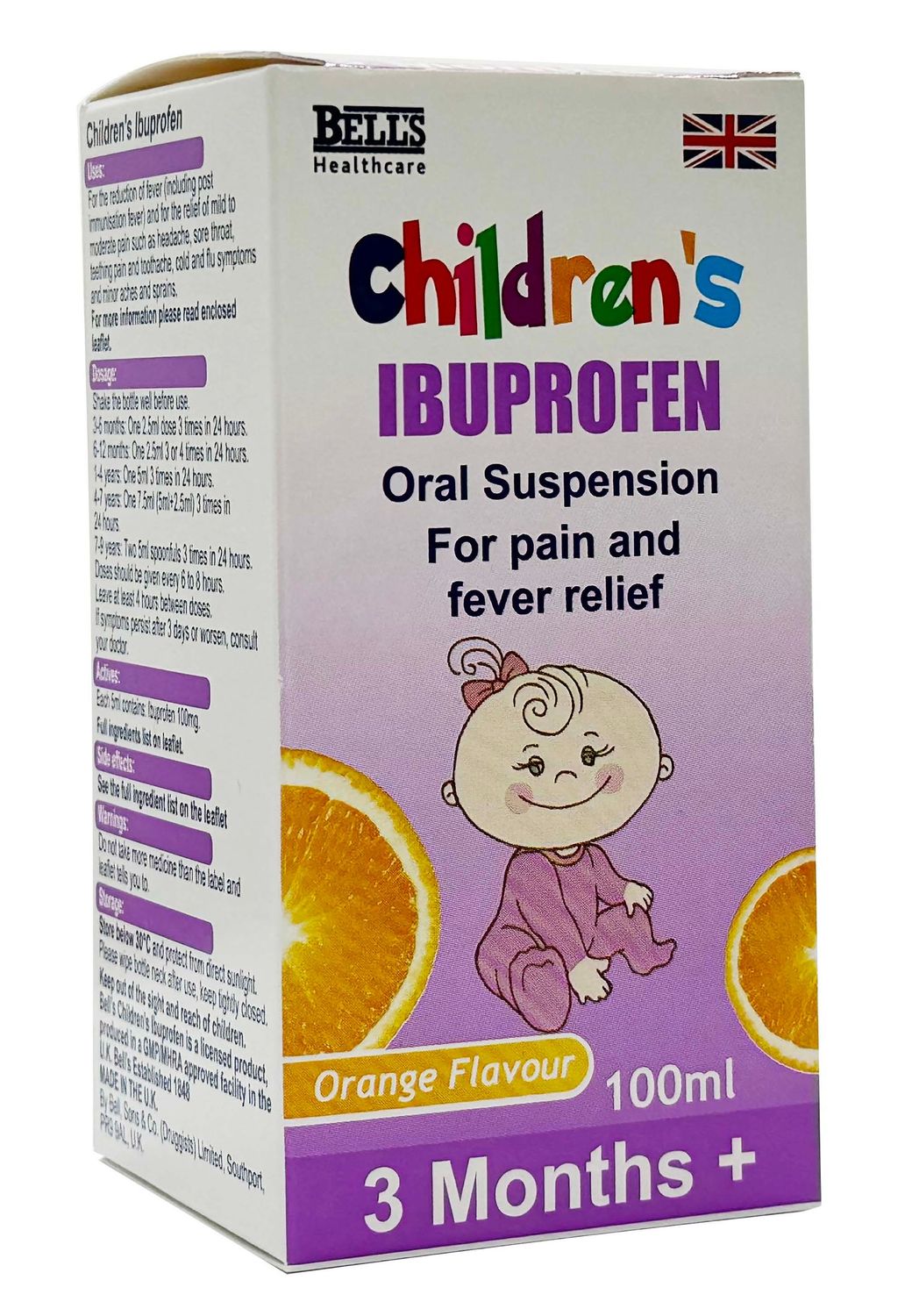 *NEW* Bell's  Healthcare Children's Ibuprofen Oral  Suspension For Pain and Fever Relief 100ml 3 Months + Orange Flavour