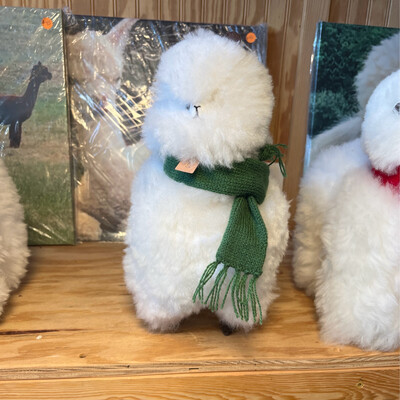 White Standing Alpaca 13 Inches Tall With Green Scarf