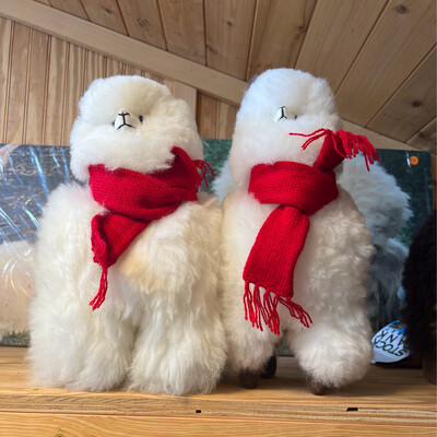 White Standing Alpaca With Red Scarf 13inches Tall