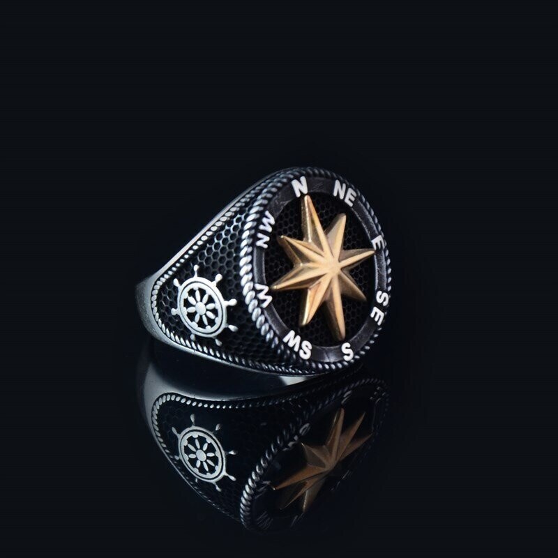 Premium Royal Ring, Compass & Anchor, Größe: 58 (∅ 18,5 / EU 18 / US 8.4)