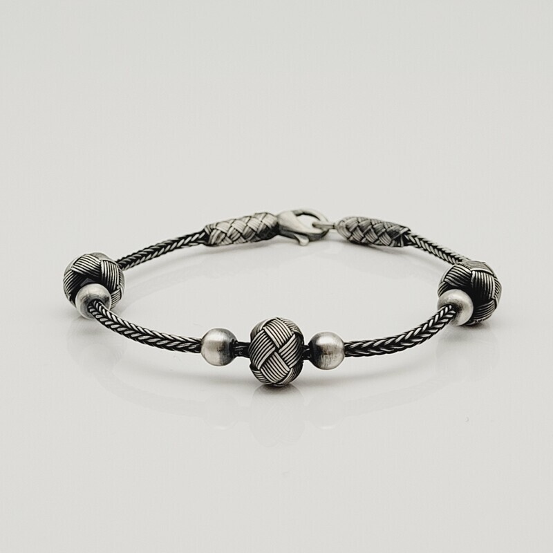 Unisex Braided Bracelet 925 Silver Fox Ball Black